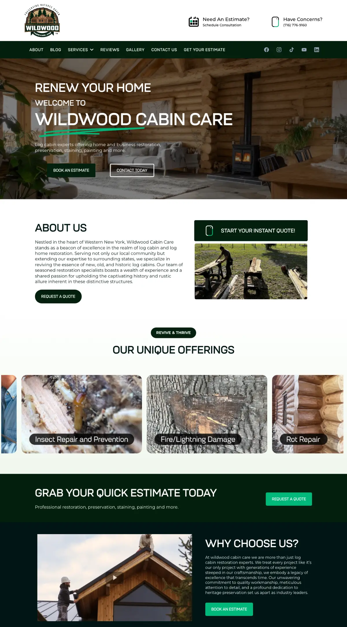 Wildwood Cabin Care website on desktop