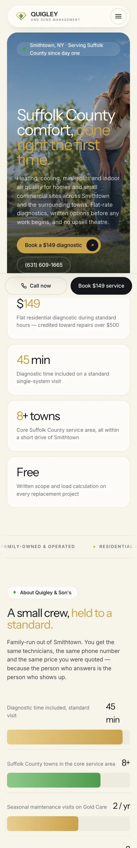Quigley & Son’s HVAC website on a phone